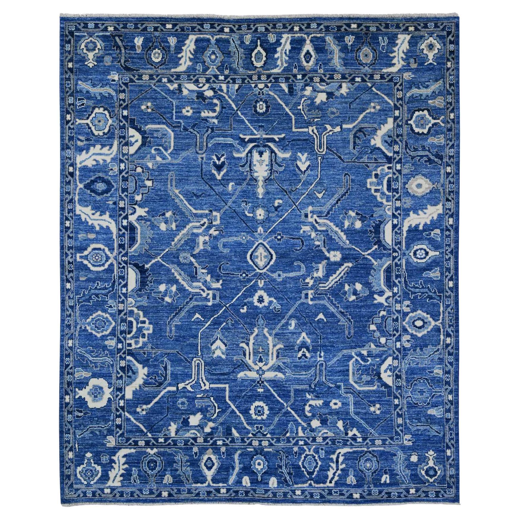 8'1"x9'8" Blue Hand Knotted Afghan Angora Oushak Vines Design Pure Wool Rug