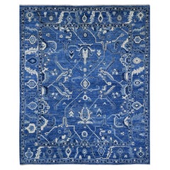 8'1"x9'8" Blue Hand Knotted Afghan Angora Oushak Vines Design Pure Wool Rug