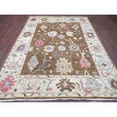 8'1"x9'8" Brown Angora Oushak with All Over Leaf Design Hand Knotted Wool Rug