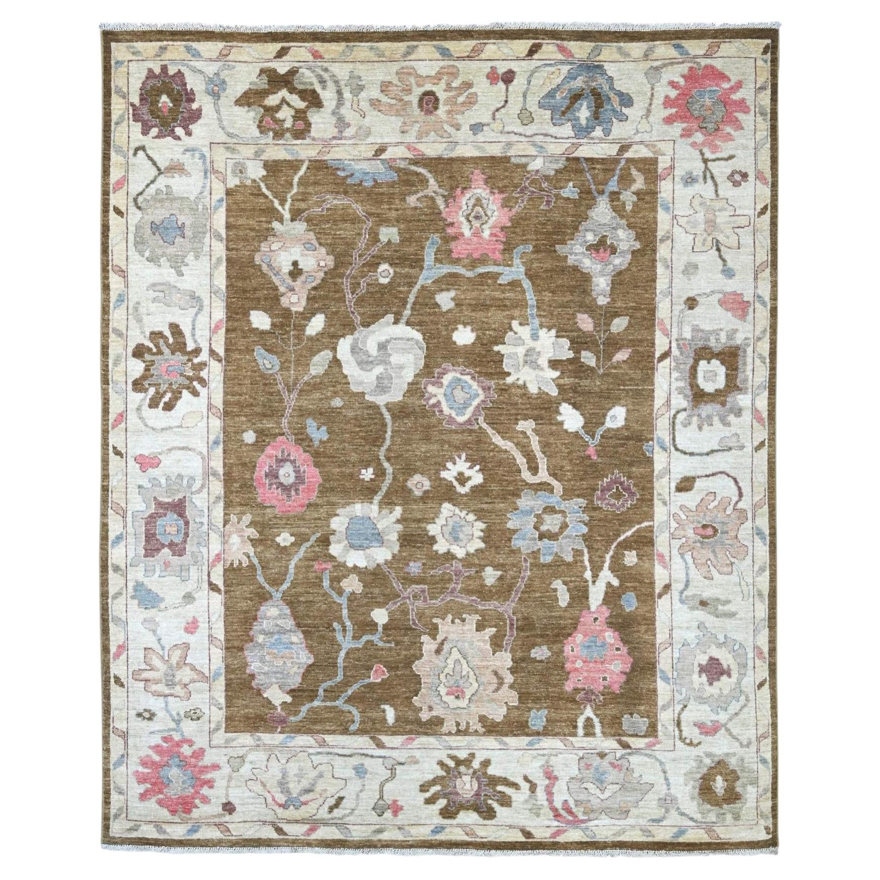 8'1"x9'8" Brown Angora Oushak with All Over Leaf Design Hand Knotted Wool Rug