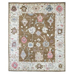 8'1"x9'8" Brown Angora Oushak with All Over Leaf Design Hand Knotted Wool Rug