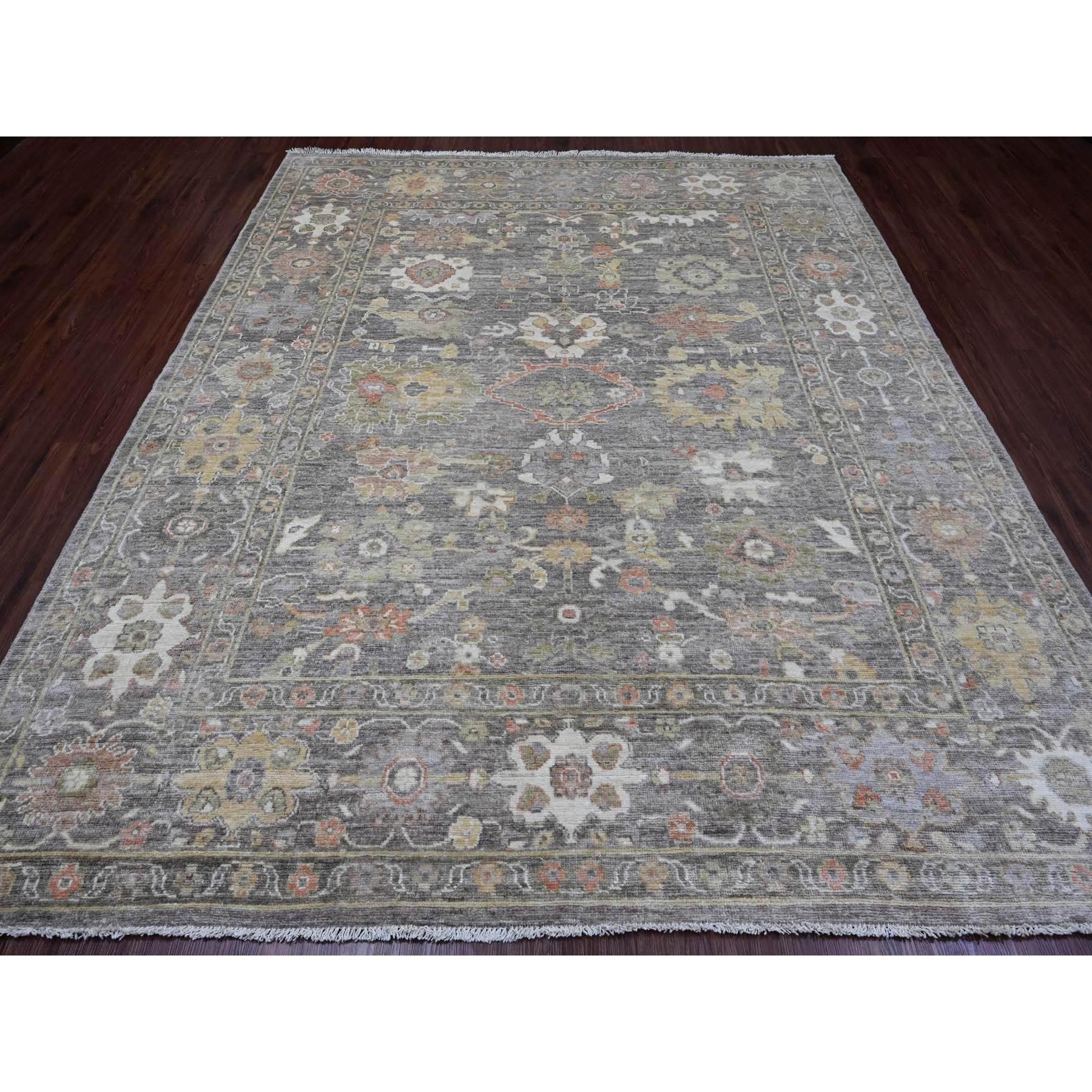 Cedar Brown, Pure Wool, Afghan Angora Oushak with Colorful Leaf Design, Vegetable Dyes, Hand Knotted, Oriental Rug
Primary materials: Wool
Latex: No Pile 
height: 0.25 Inches
Style: Transitional
Primary color: Brown
Secondary colors: Orange, Yellow,