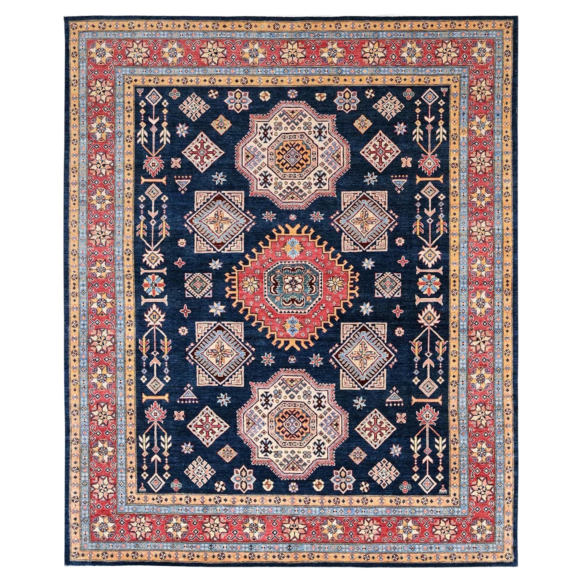 8'1 "x9'8" Bleu nuit Spécial Kazak Médaillons Motif Knots Rugs en laine nouée à la main