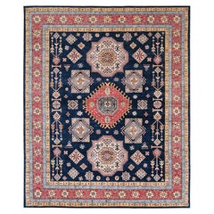8'1 "x9'8" Bleu nuit Spécial Kazak Médaillons Motif Knots Rugs en laine nouée à la main