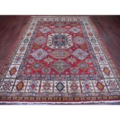 8'1"x9'8" Red Afghan Super Kazak with Medallions Design Hand Knotted Wool Rug