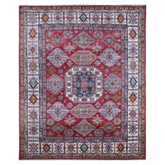 8'1"x9'8" Red Afghan Super Kazak with Medallions Design Hand Knotted Wool Rug