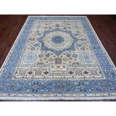 8'1"x9'8" White 14th Century Mamluk Dynasty Pattern Hand Knotted Pure Wool Rug