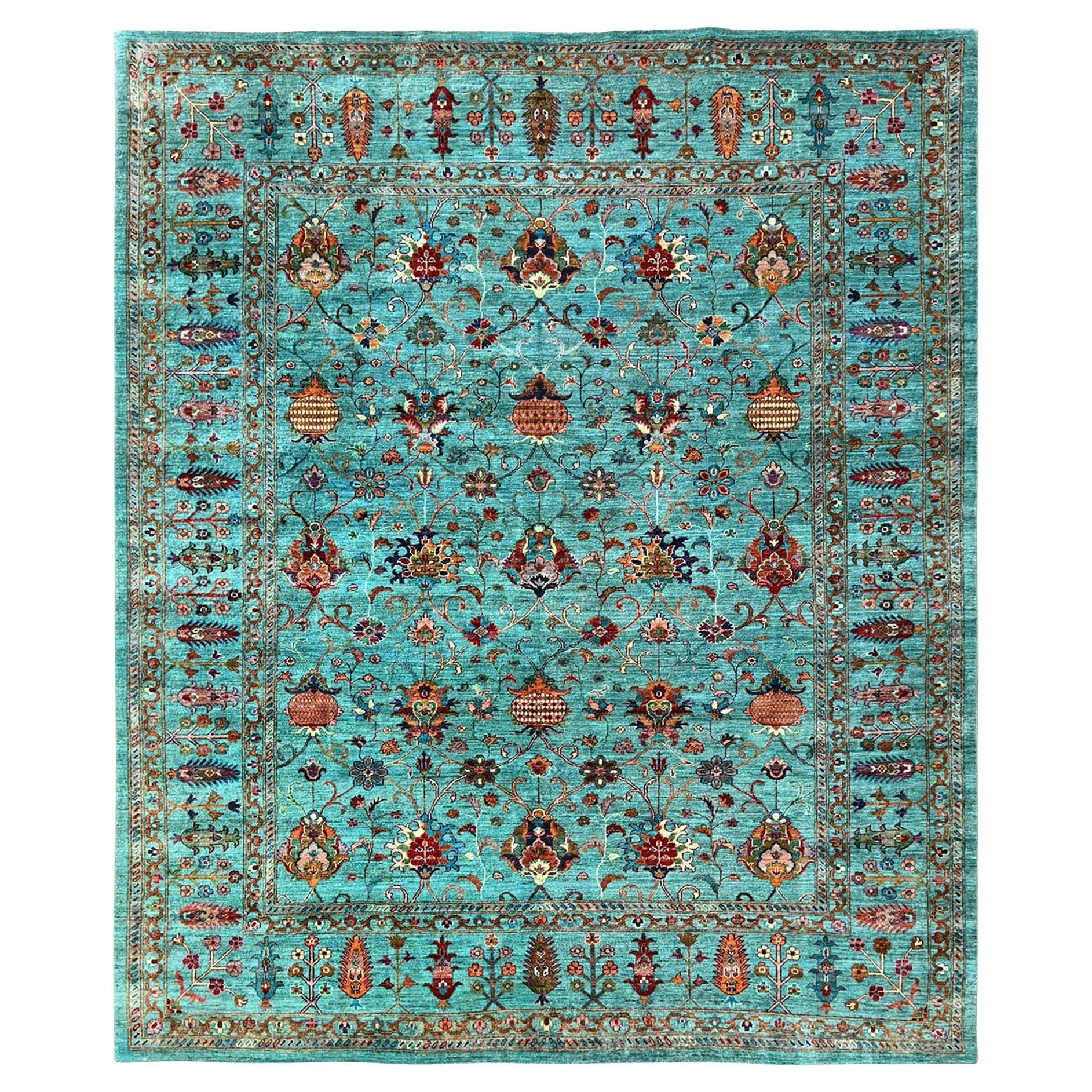8
1"x9
9" Blue Hand Knotted Afghan Sultani with Pomegranate Design Soft Wool Rug
