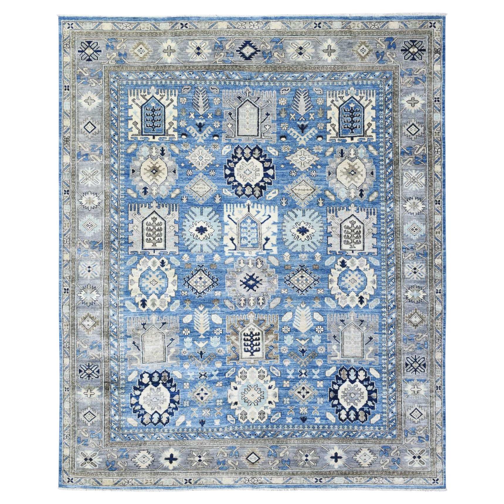 8'1"x9'9" Blue Organic Wool Hand Knotted Afghan Ersari Large Elements Design Rug
