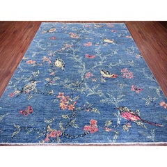 8'1"x9'9" Blue Sparrows on the Tree Peshawar Hand Knotted Pure Wool Oriental Rug
