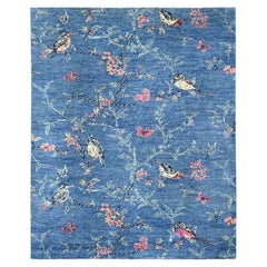8'1"x9'9" Blue Sparrows on the Tree Peshawar Hand Knotted Pure Wool Oriental Rug