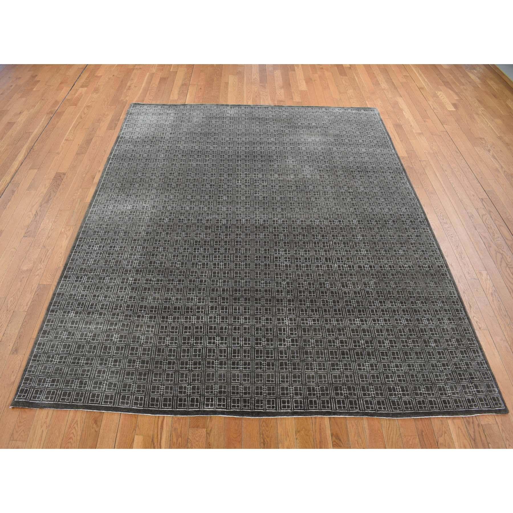 Chocolate Brown, Small Box Design, Wool and Silk, Hand Knotted, Oriental Rug
Primary materials: Wool & Silk
Latex: No Pile 
height: 0.25 Inches
Style: Transitional
Primary color: Brown
Secondary colors: Ivory
Pattern: Oriental