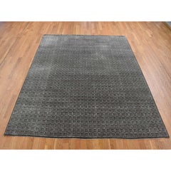 8'1"x9'9" Chocolate Brown Small Box Design Wool and Silk Hand Knotted Rug