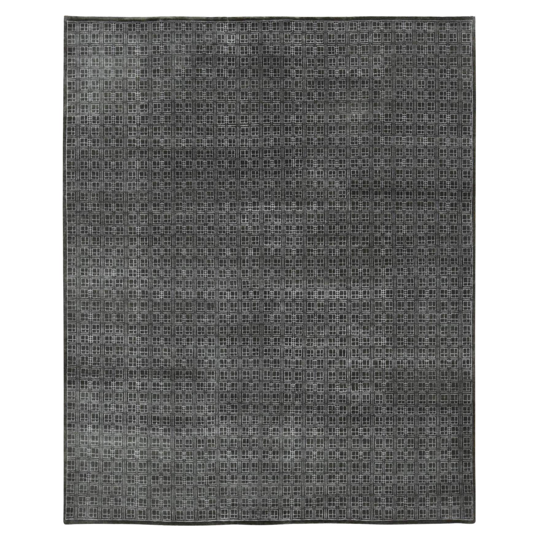8'1"x9'9" Chocolate Brown Small Box Design Wool and Silk Hand Knotted Rug For Sale