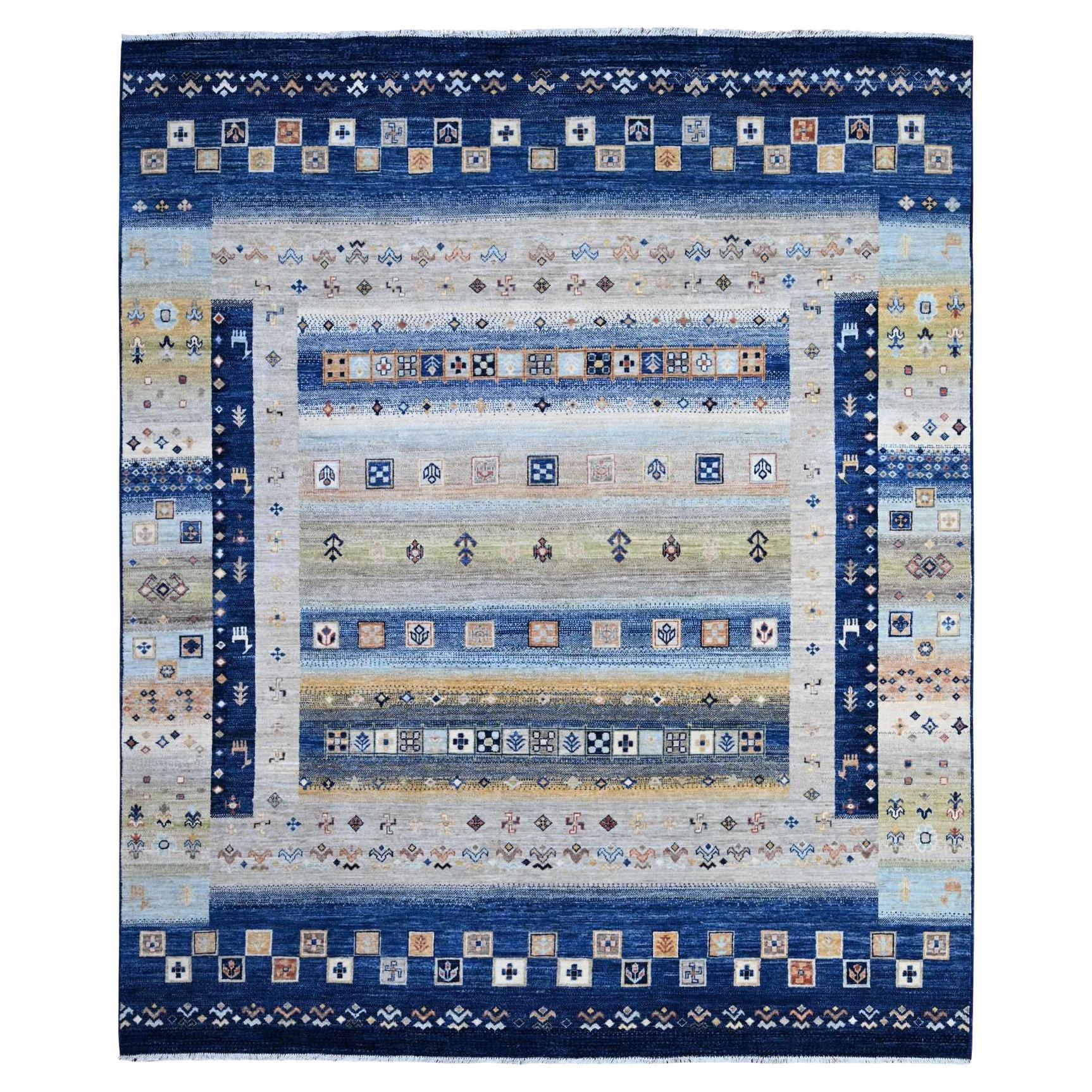 8'1"x9'9" Dunkler Saphir Blauer feiner Kashkuli Gabbeh Orientalischer Teppich aus reiner Wolle