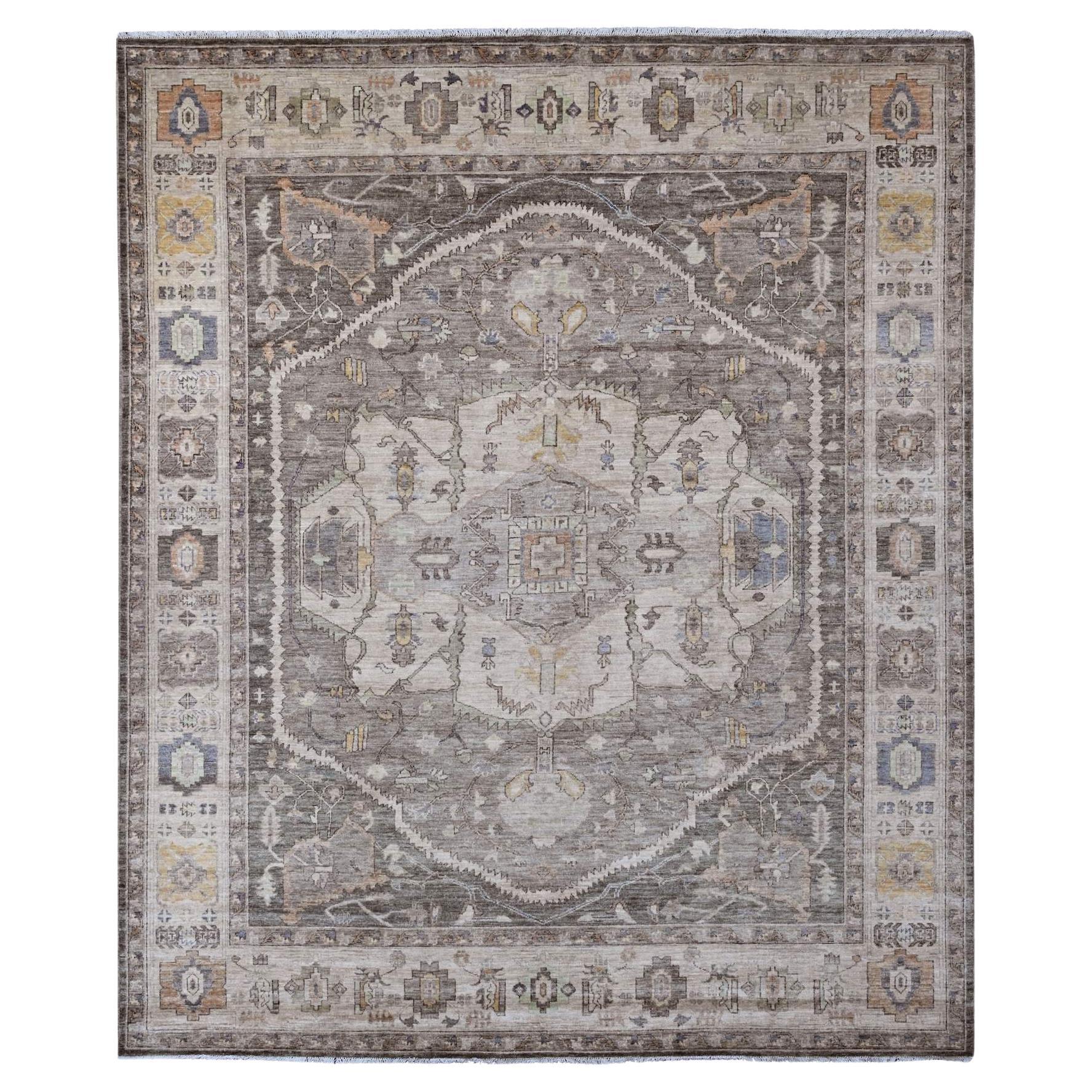 8'1"x9'9" Gray Serapi Heriz Design Peshawar Hand Knotted Pure Wool Oriental Rug