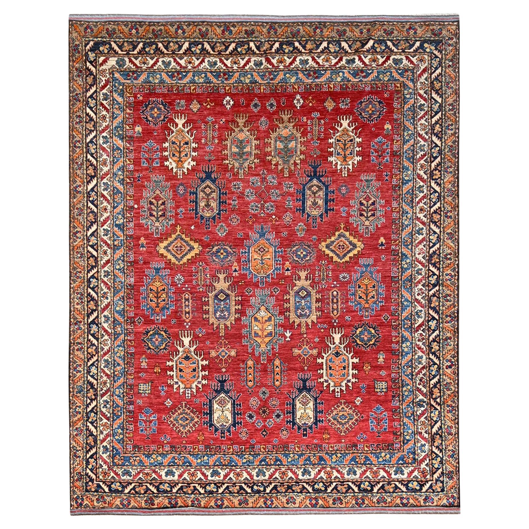 8
1 "x9
9" Roter afghanischer Ersari kaukasischer Design-Revival-Teppich aus weicher Wolle handgeknüpft