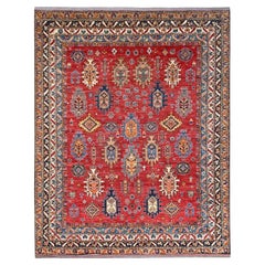 8
1"x9
9" Red Afghan Ersari Caucasian Design Revival Soft Wool Hand Knotted Rug