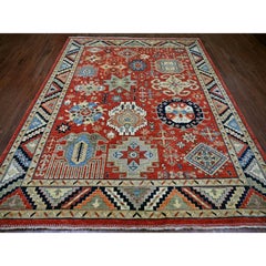 Tappeto di lana annodato a mano 8'1 "x9'9" rosso afghano Ersari con disegno caucasico Revival