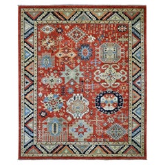 Tappeto di lana annodato a mano 8'1 "x9'9" rosso afghano Ersari con disegno caucasico Revival