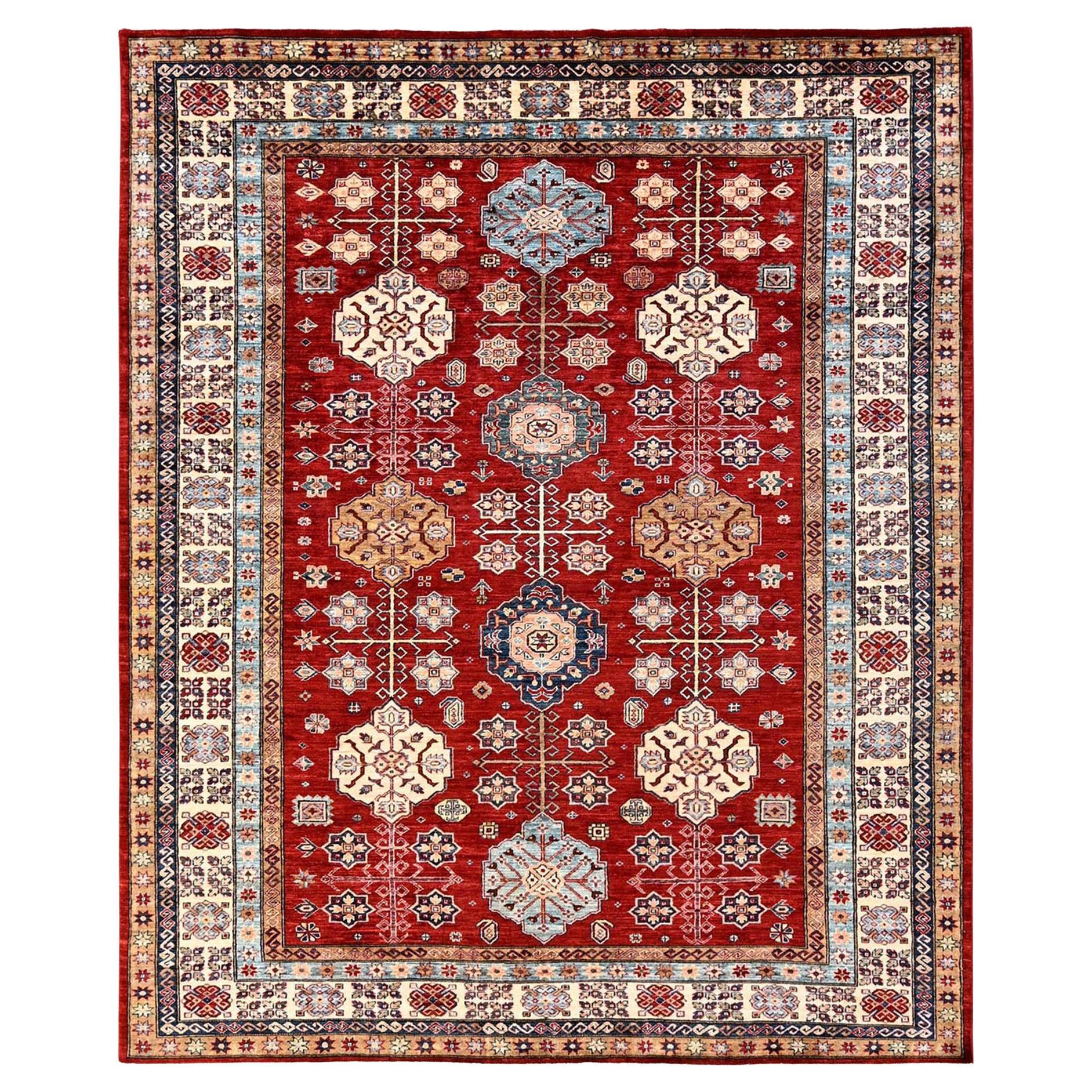8
1"x9
9" Red Afghan Super Kazak Medallions Design Hand Knotted Pure Wool Rug For Sale