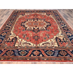 8'1"x9'9" Red Serapi Heriz with Large Medallion Design Hand Knotted All Wool Rug