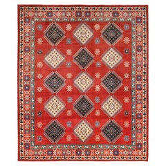 8'1"x9'9" Red Special Kazak All Over Medallions Wool Hand Knotted Oriental Rug