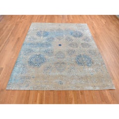 8'1"x9'9" Tan Color, Wool and Silk Erased Ottoman Design Hand Knotted Modern Rug