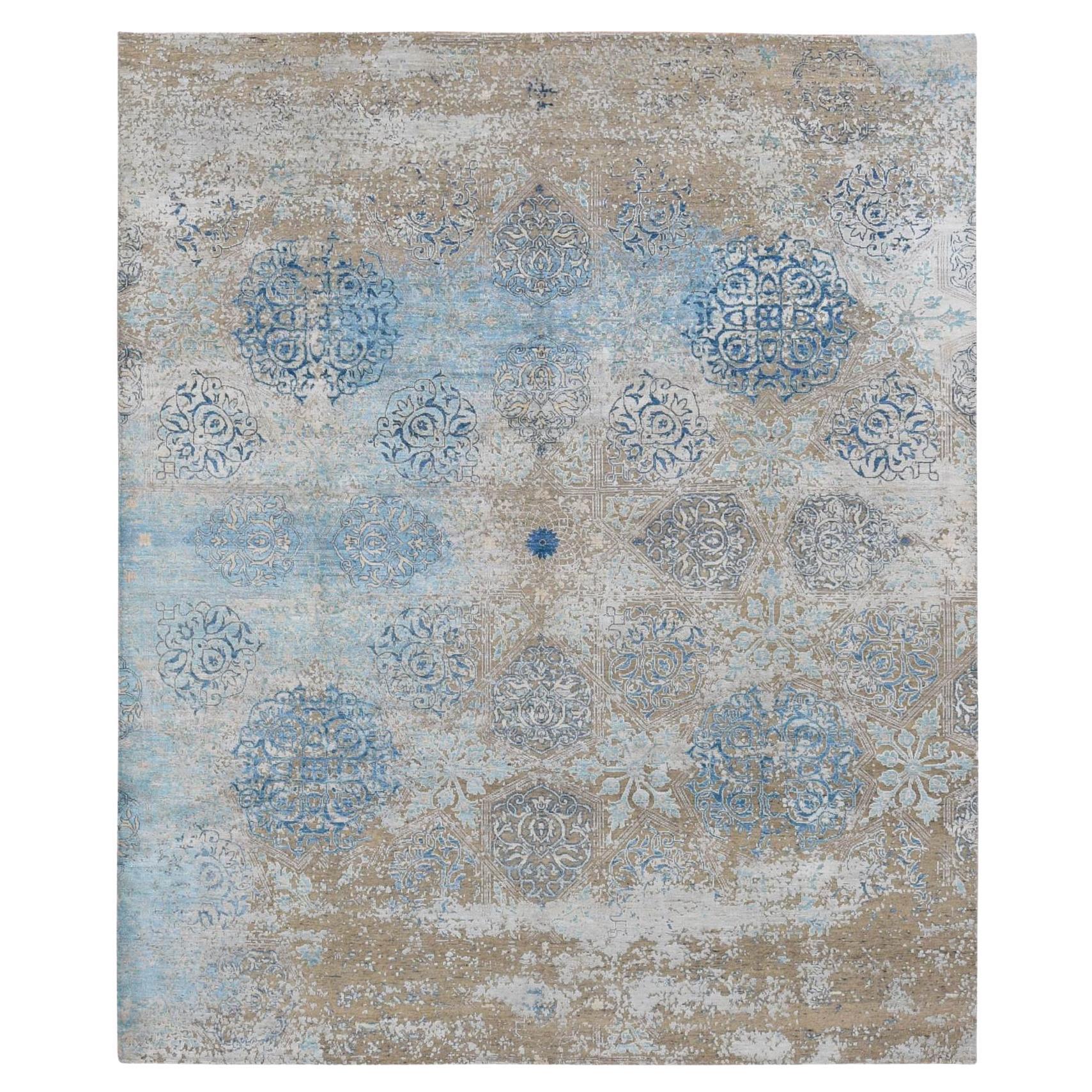 8
1 "x9
9" Color Tan, Tappeto moderno annodato a mano in lana e seta con disegno ottomano cancellato