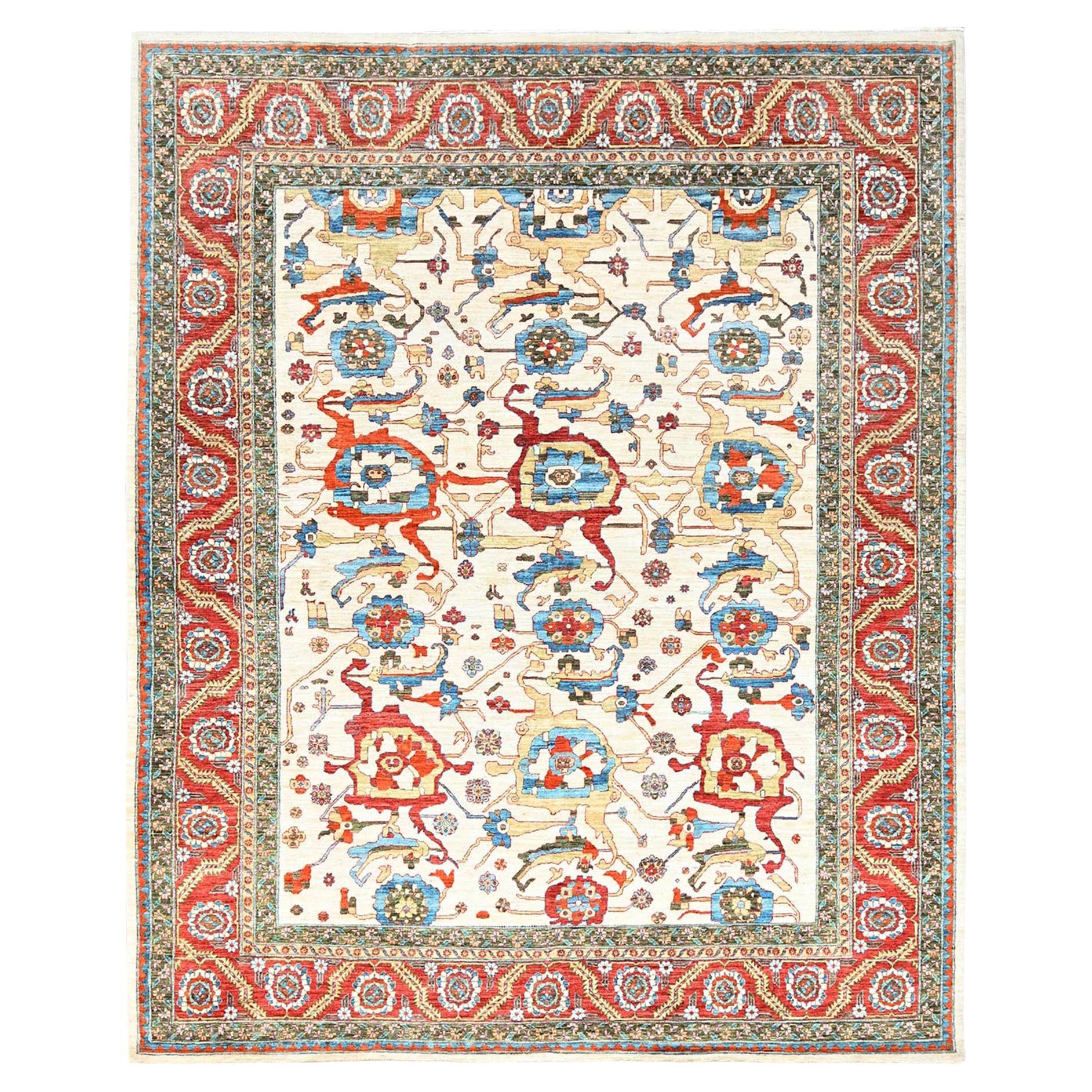 8'1"x9'9" White, Wool, 200 KPSI, Heriz Design, Hand Knotted, Oriental Rug
