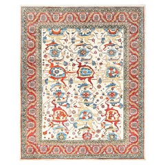 8'1"x9'9" White, Wool, 200 KPSI, Heriz Design, Hand Knotted, Oriental Rug