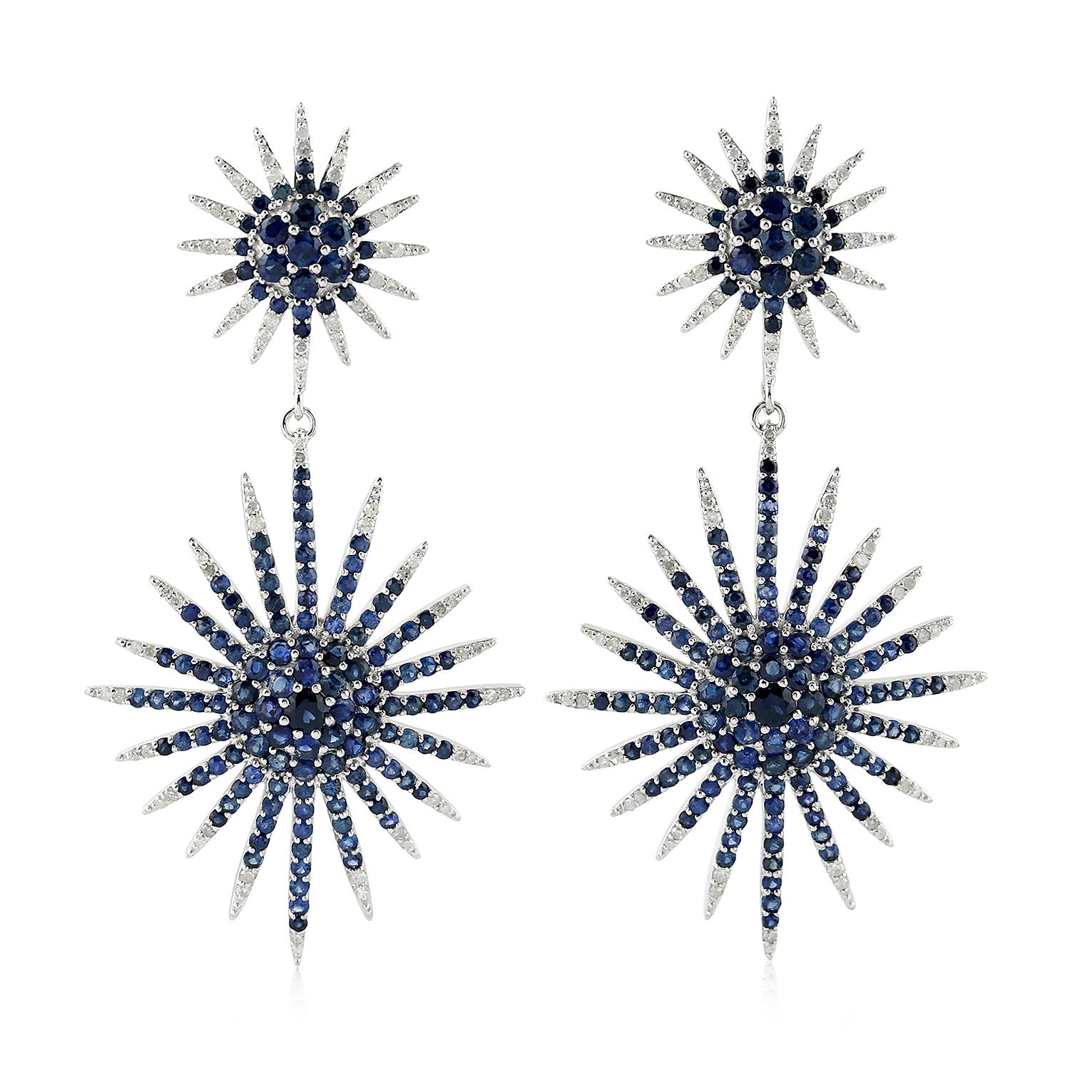 Single Cut 8.2 Carat Blue Sapphire Diamond 18 Karat Gold Earrings For Sale