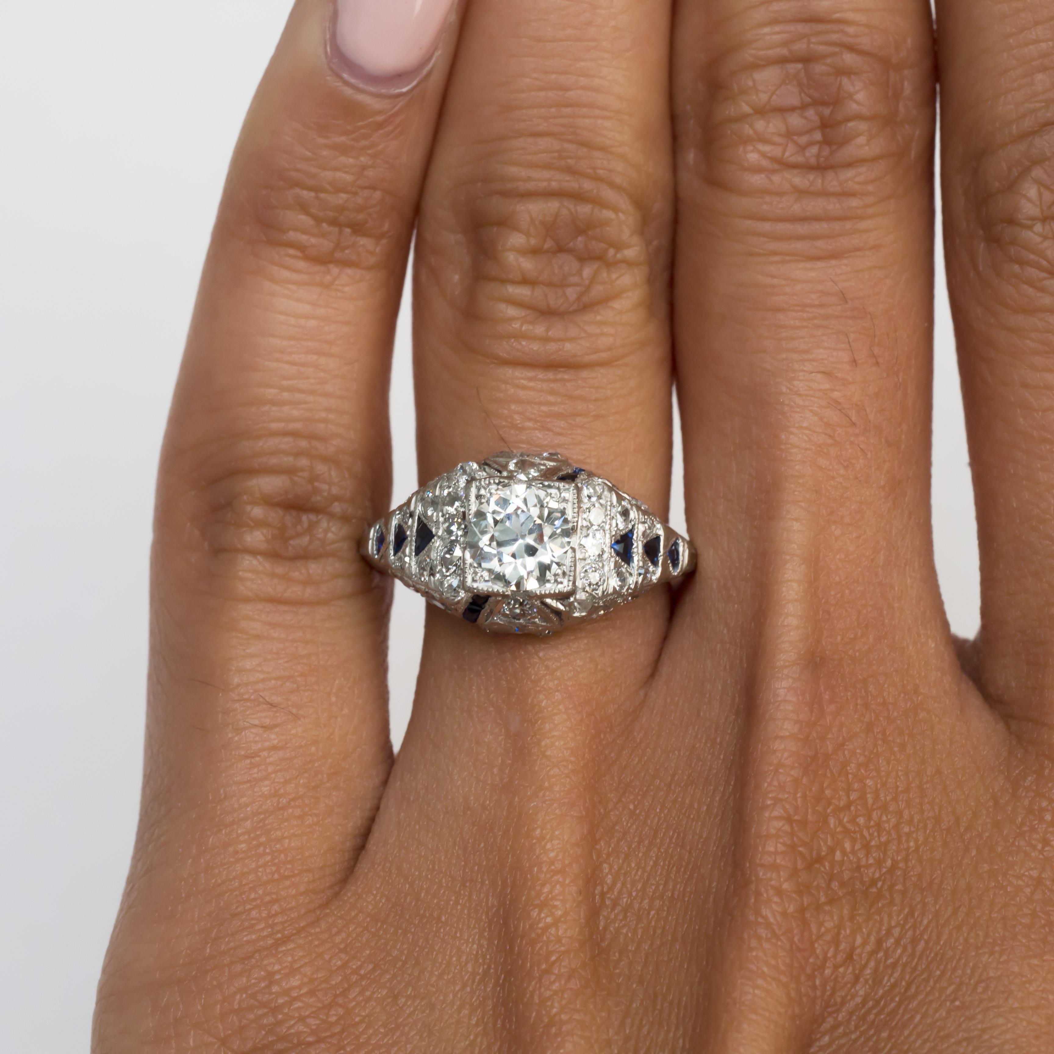 Art Deco .82 Carat Diamond Platinum Engagement Ring For Sale