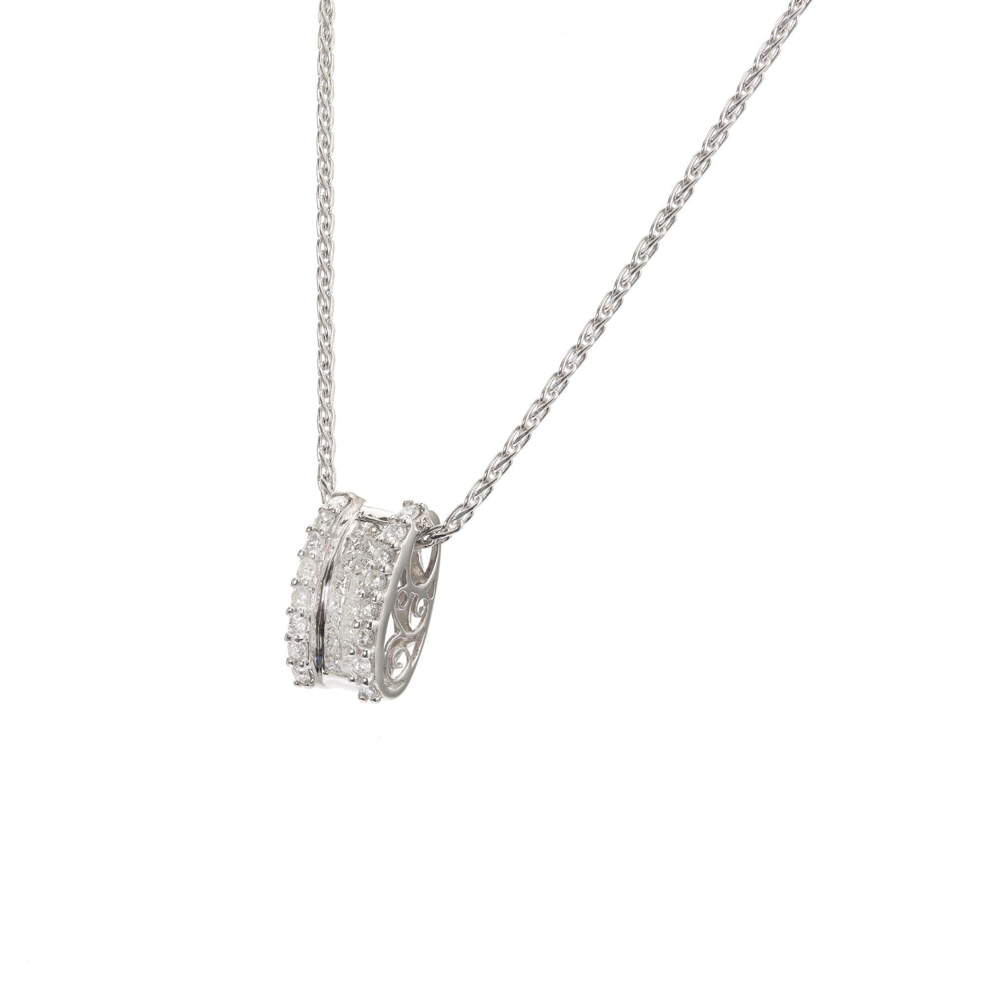 Slide pendant with princess and round cut diamonds on a 14k white gold wheat chain

16 princess cut G-H SI diamonds, Approximate .50cts
16 round brilliant cut G-H SI-I diamonds, Approximate .32cts
14k white gold 
Stamped: 14k
7.6 grams
Top to