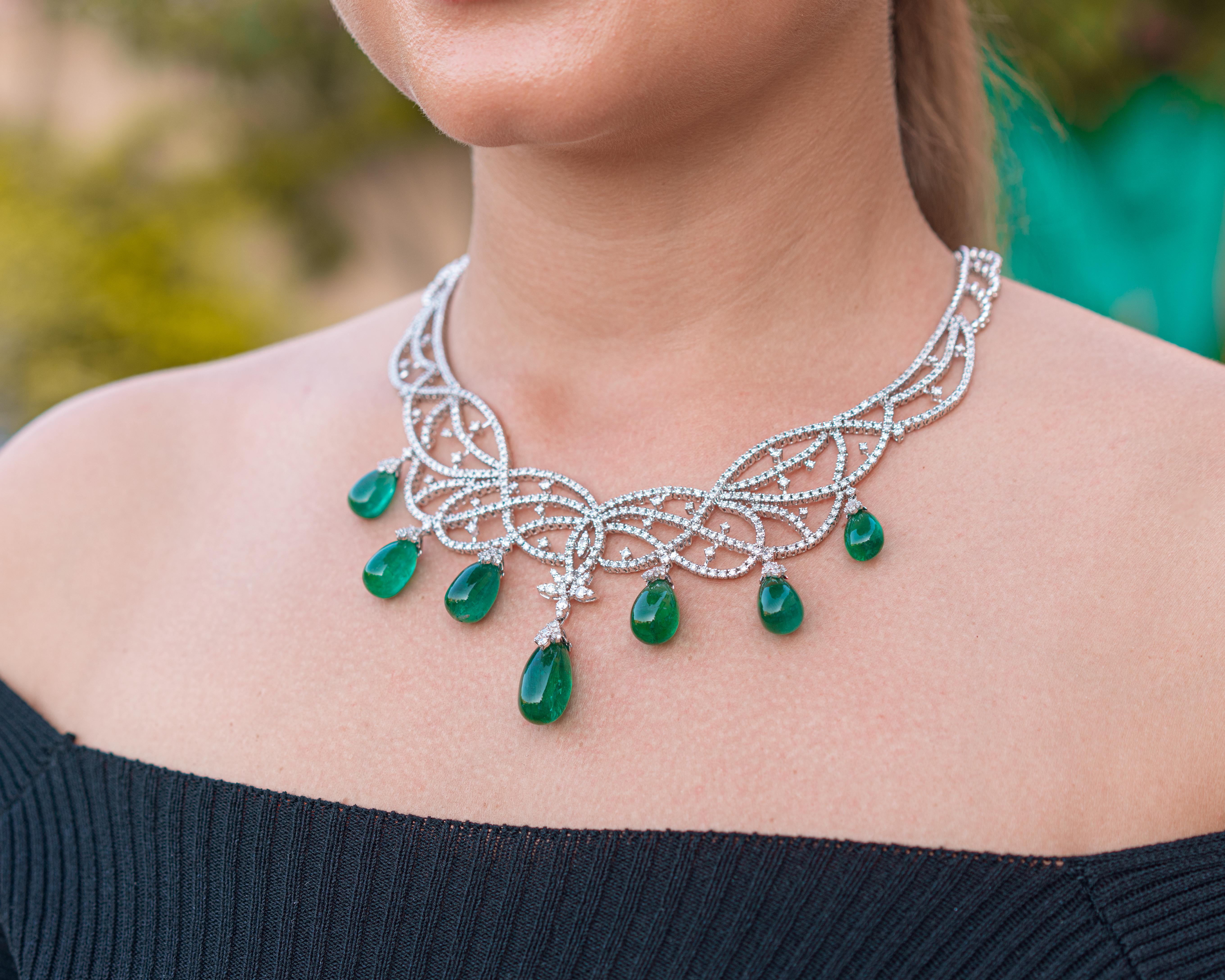 Women's 82 Carat Emerald Drops and Diamond 18 Karat Gold Necklace For Sale