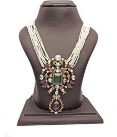 82 carat Emerald Tourmaline Diamond Pearl Gold Necklace Long Emerald necklace