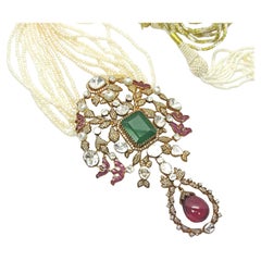 82 carat Emerald Tourmaline Diamond Pearl Gold Necklace Long Emerald necklace