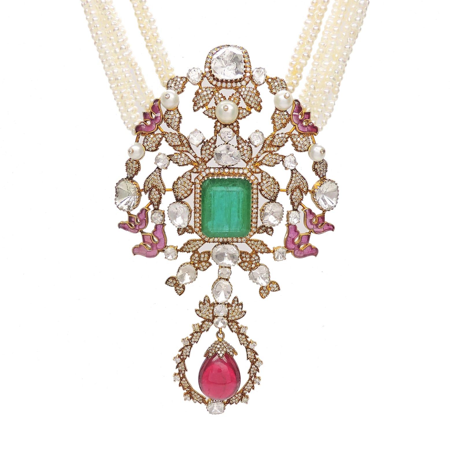 82 Karat Smaragd Turmalin Diamant Perle Gold Halskette Lange Smaragd-Halskette (Achteckschliff) im Angebot