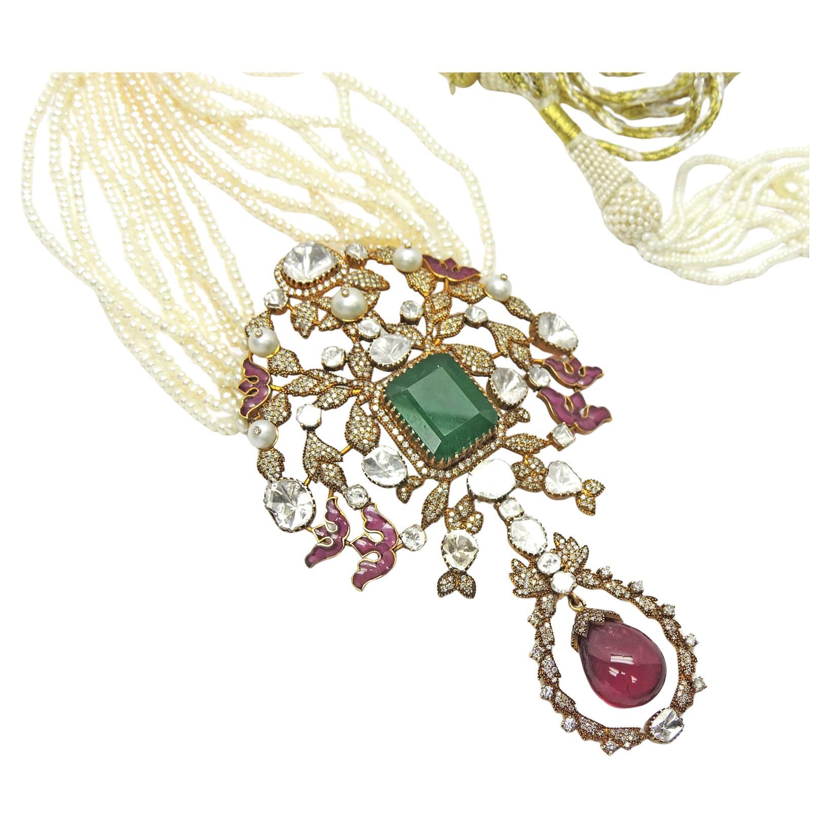 82 carat Emerald Tourmaline Diamond Pearl Gold Necklace Long Emerald necklace