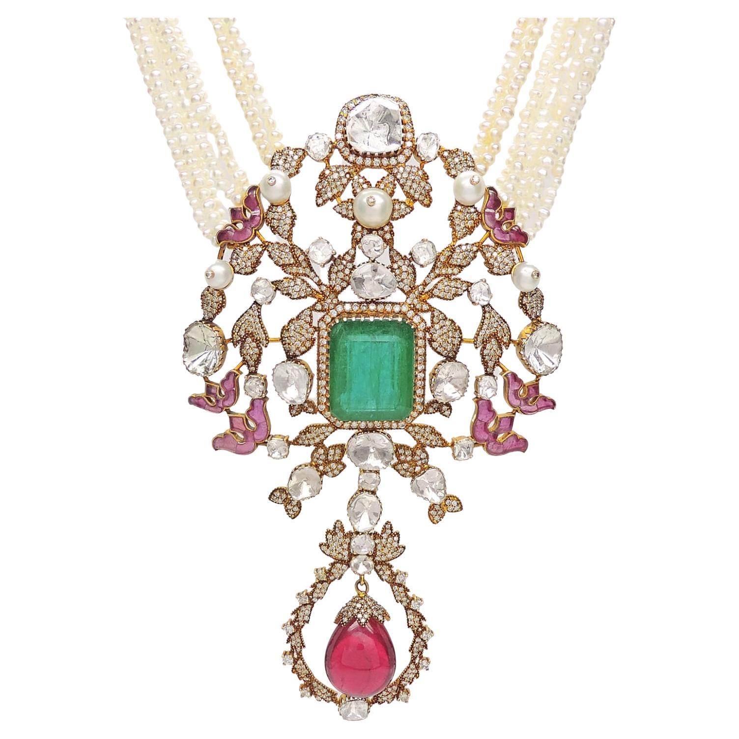 82 carat Emerald Tourmaline Diamond Pearl Gold Necklace Long Emerald necklace