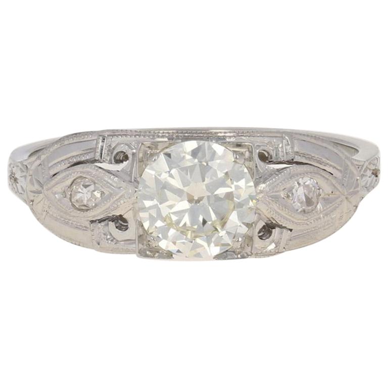 .82 Carat European Cut Diamond Art Deco Ring, 18 Karat White Gold Vintage