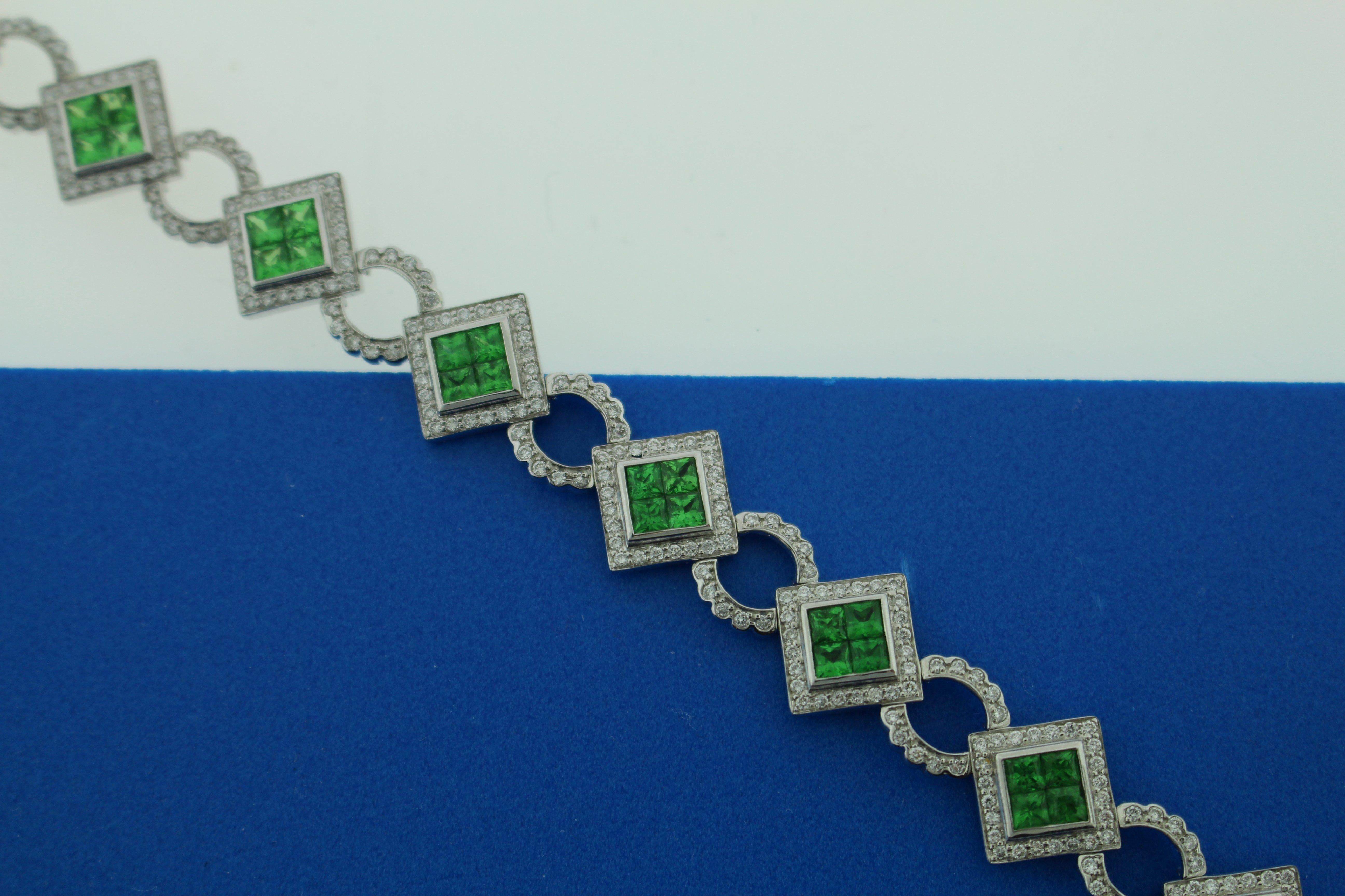 Princess Cut 8.2 Carat Green Tsavorite and Diamond Bracelet For Sale