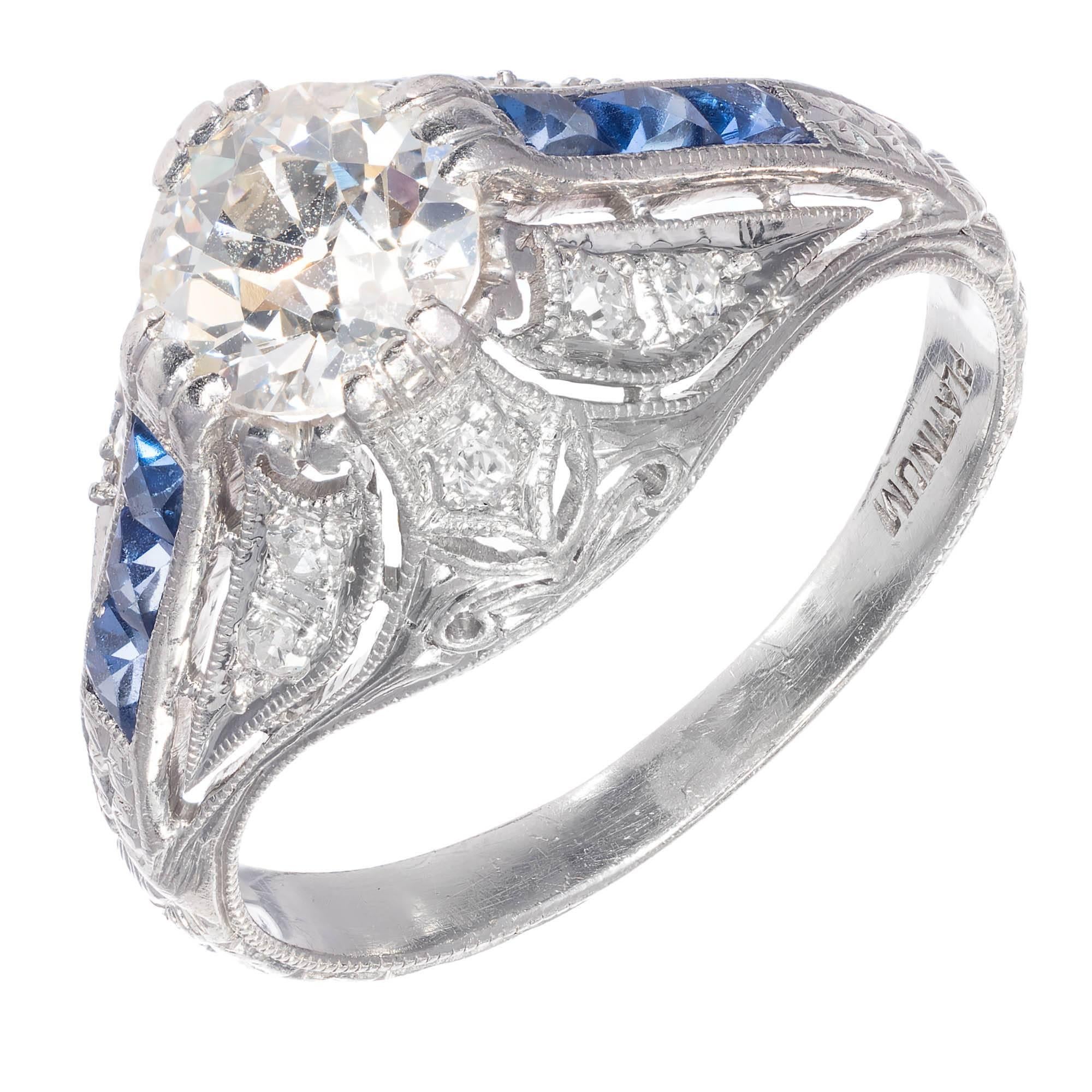  Vintage 1920s Art Deco Platinum Diamond filigree engagement ring all original with rectangular french cut Sapphire and Diamond accents and a beautiful high grade .82ct old European cut center Diamond. EGL certified.

1 old European cut Diamond,