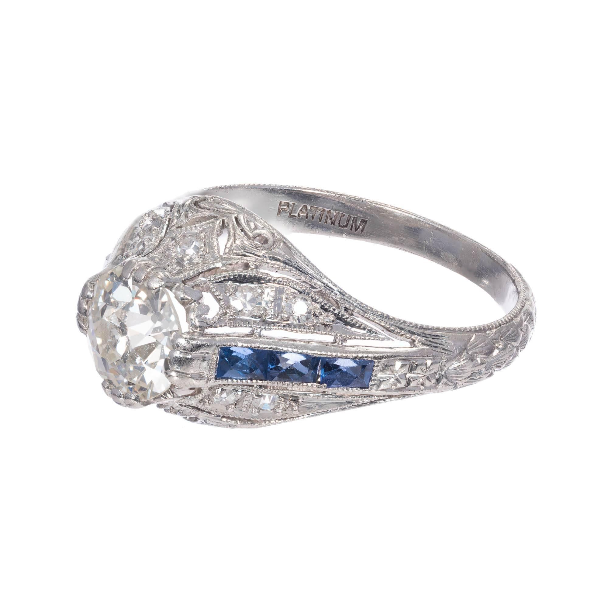 Old European Cut .82 Carat Old European Diamond Sapphire Engagement Ring For Sale