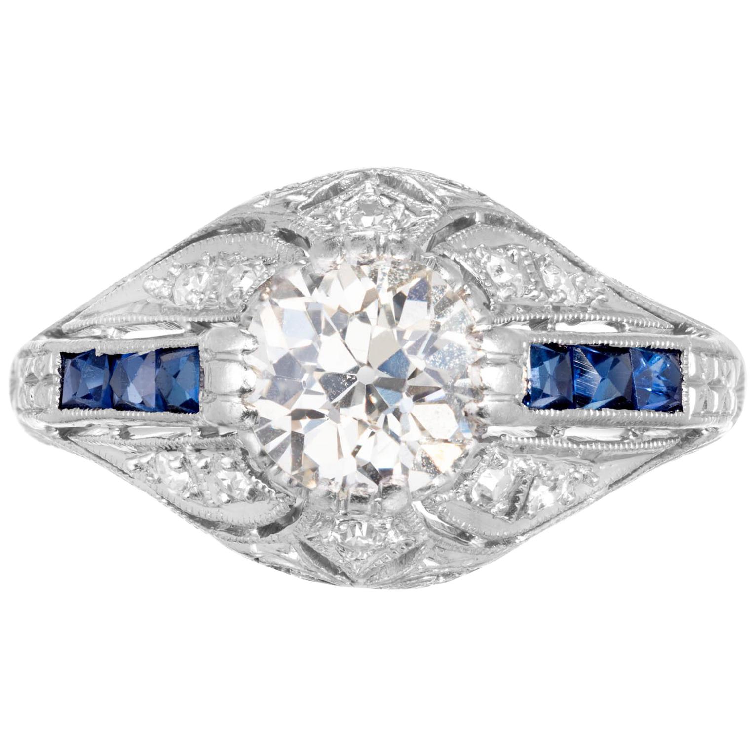 .82 Carat Old European Diamond Sapphire Engagement Ring