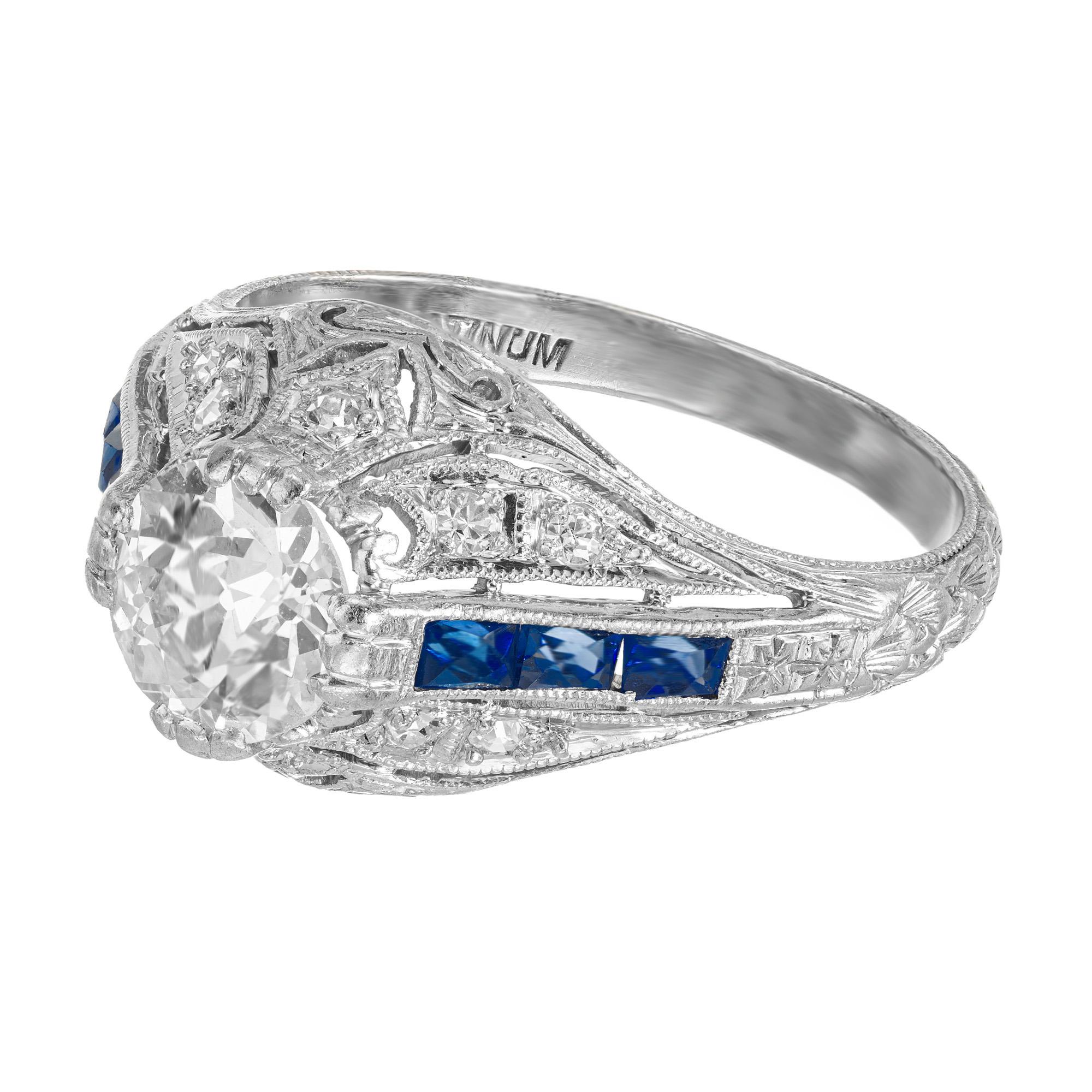 Taille vieille Europe Bague de fiançailles en saphir et diamant européen ancien de 0,82 carat en vente