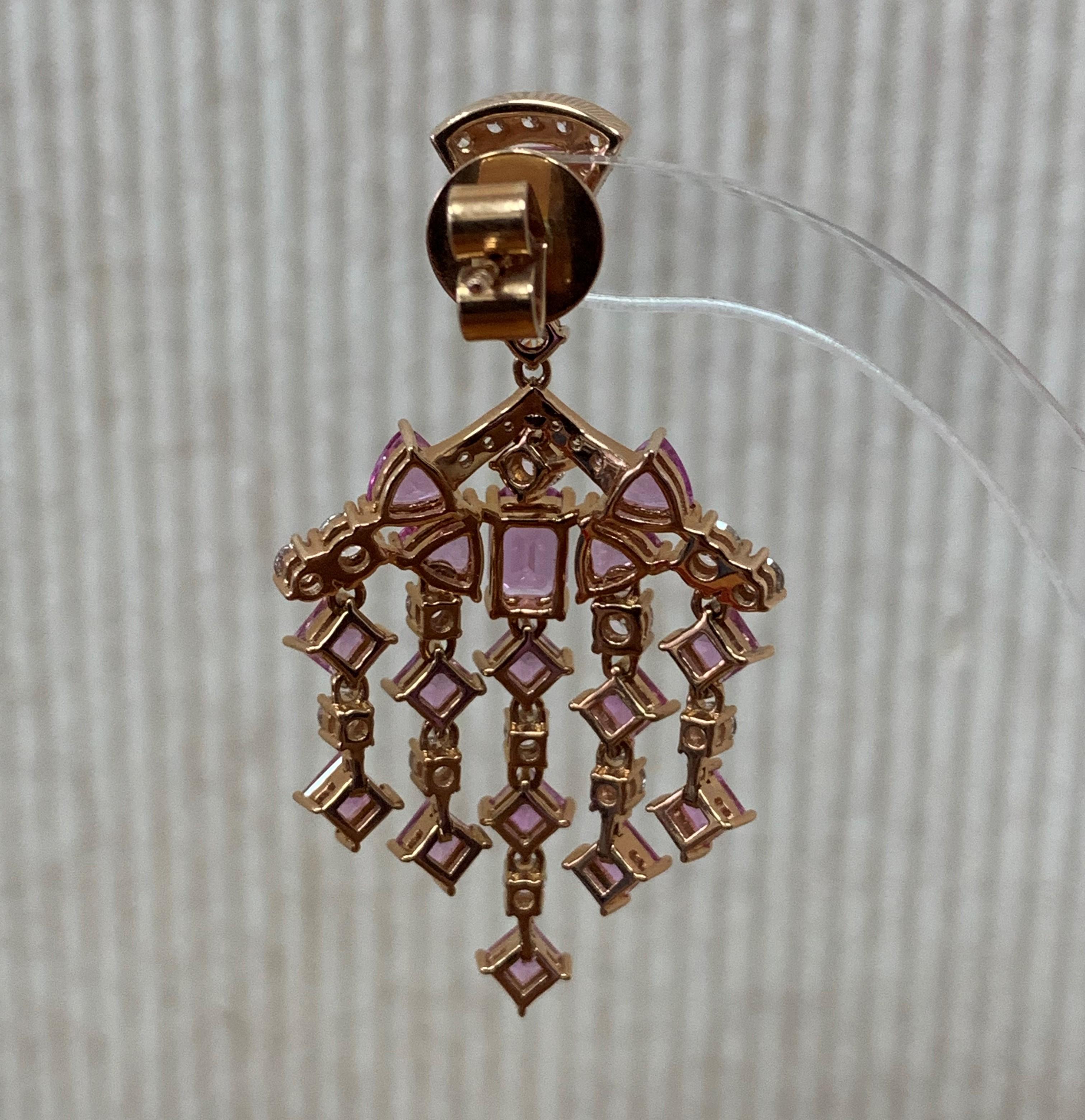 Mixed Cut 8.2 Carat Pink Sapphire & Diamond Earring in 18 Karat Rose Gold  For Sale