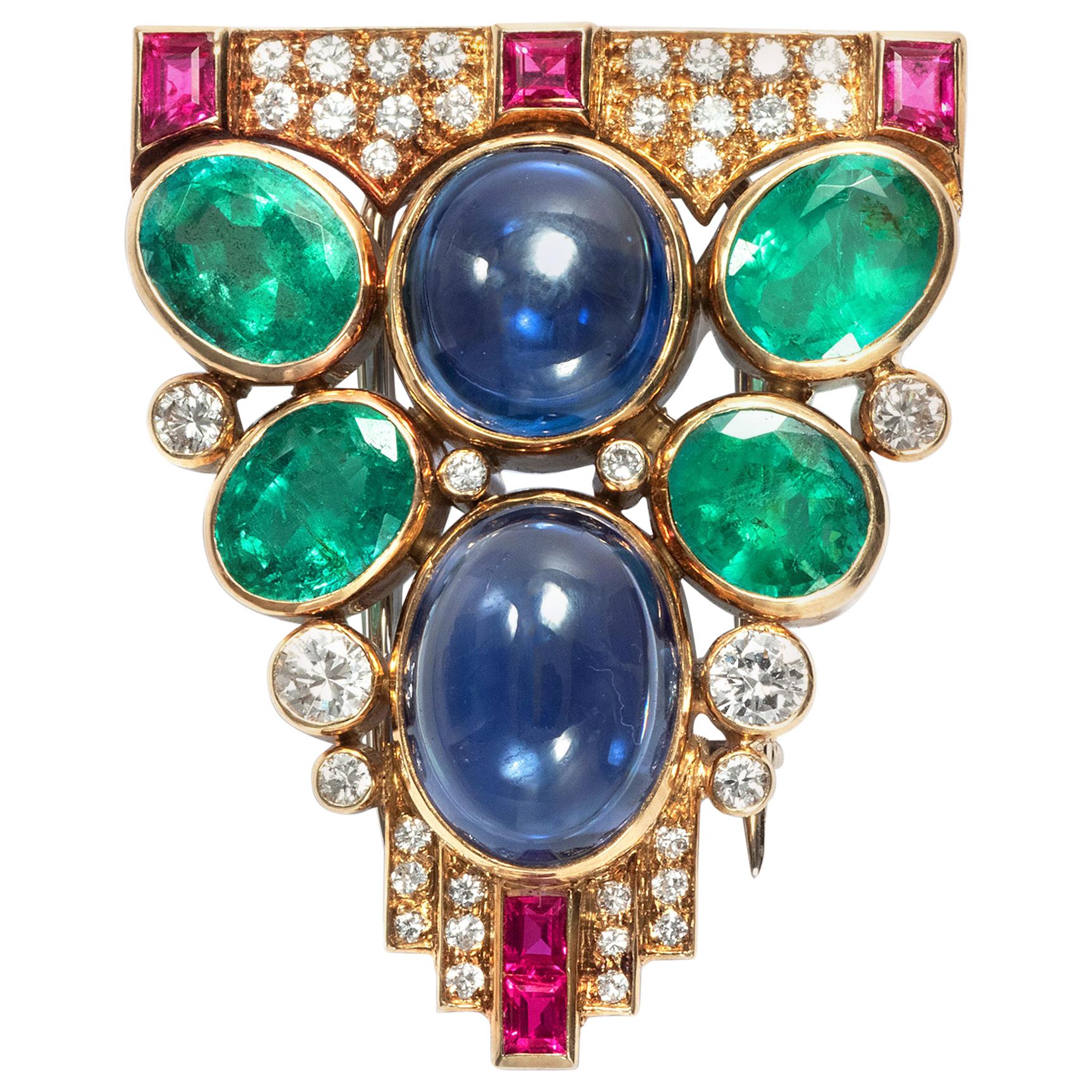8.2 Carat Sapphire, 4.5 Carat Emerald, Ruby Diamond Vintage Dress Clip Brooch For Sale
