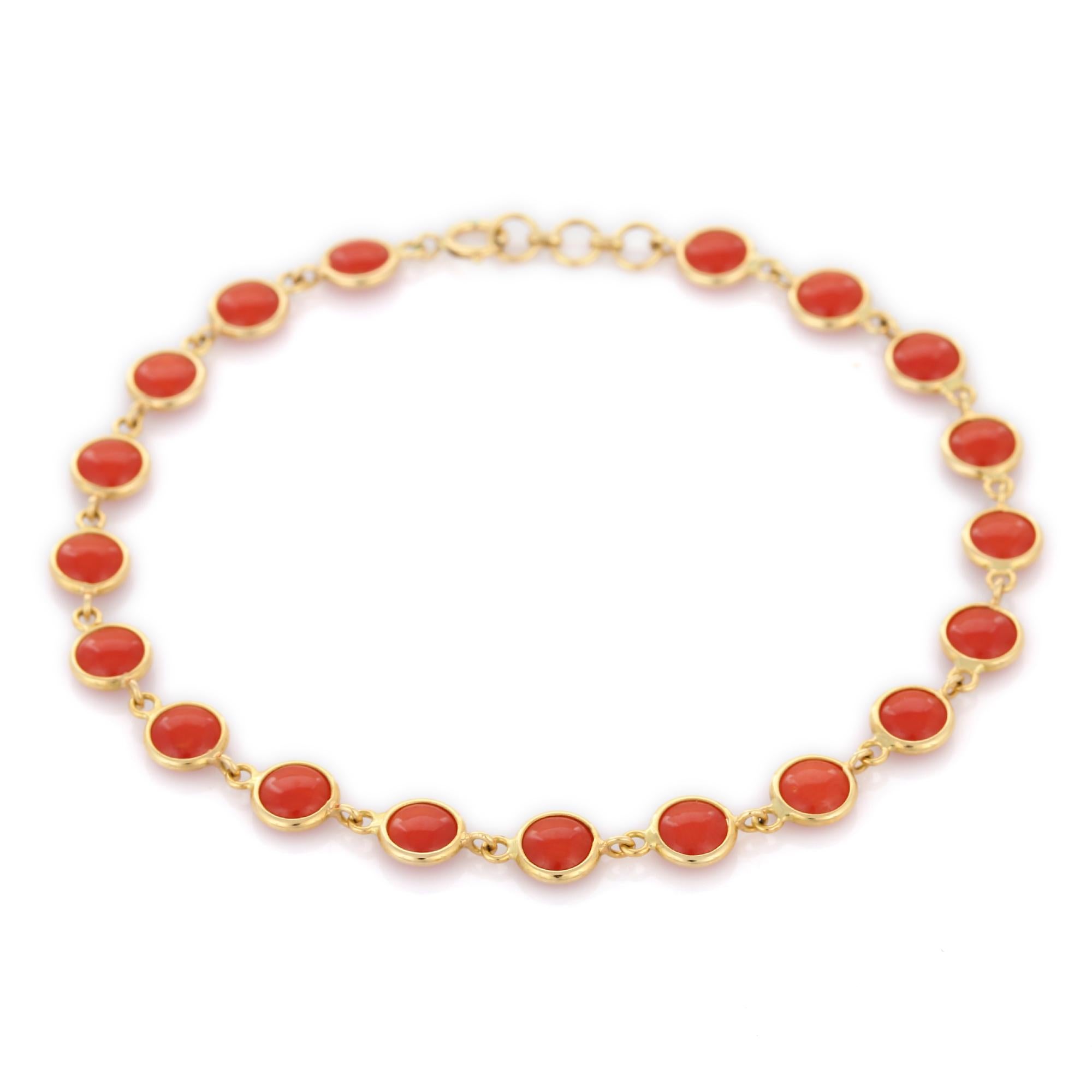 8.2 ct Round Cut Coral Station Chain Bracelet Studded in 18K Yellow Gold In New Condition For Sale In Houston, TX