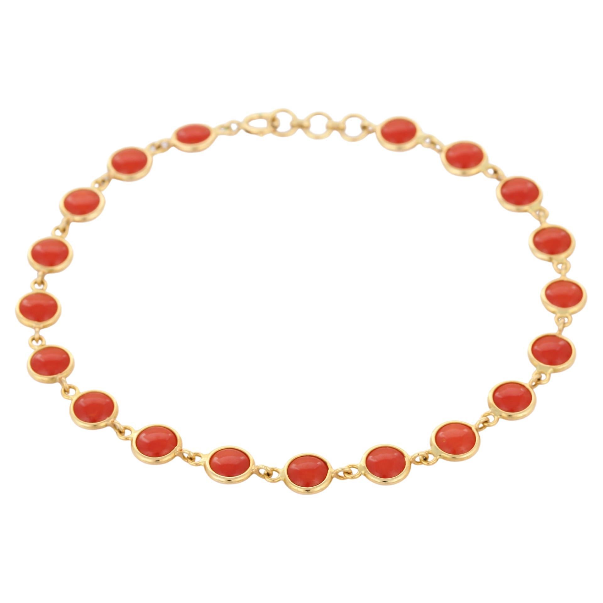 8.2 ct Round Cut Coral Station Chain Bracelet Studded in 18K Yellow Gold